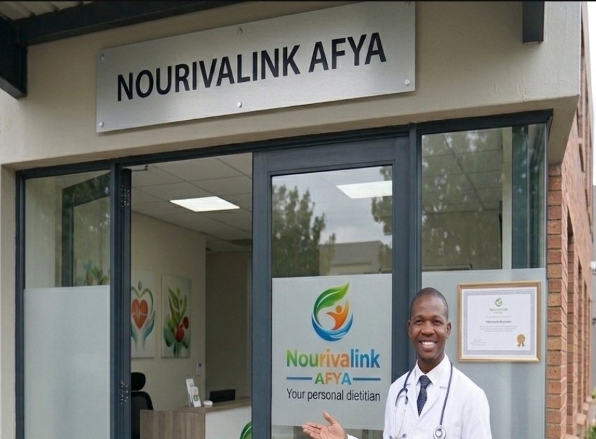 NourivaLink Afya entrance with the logo on the door and a dietitian welcoming visitors