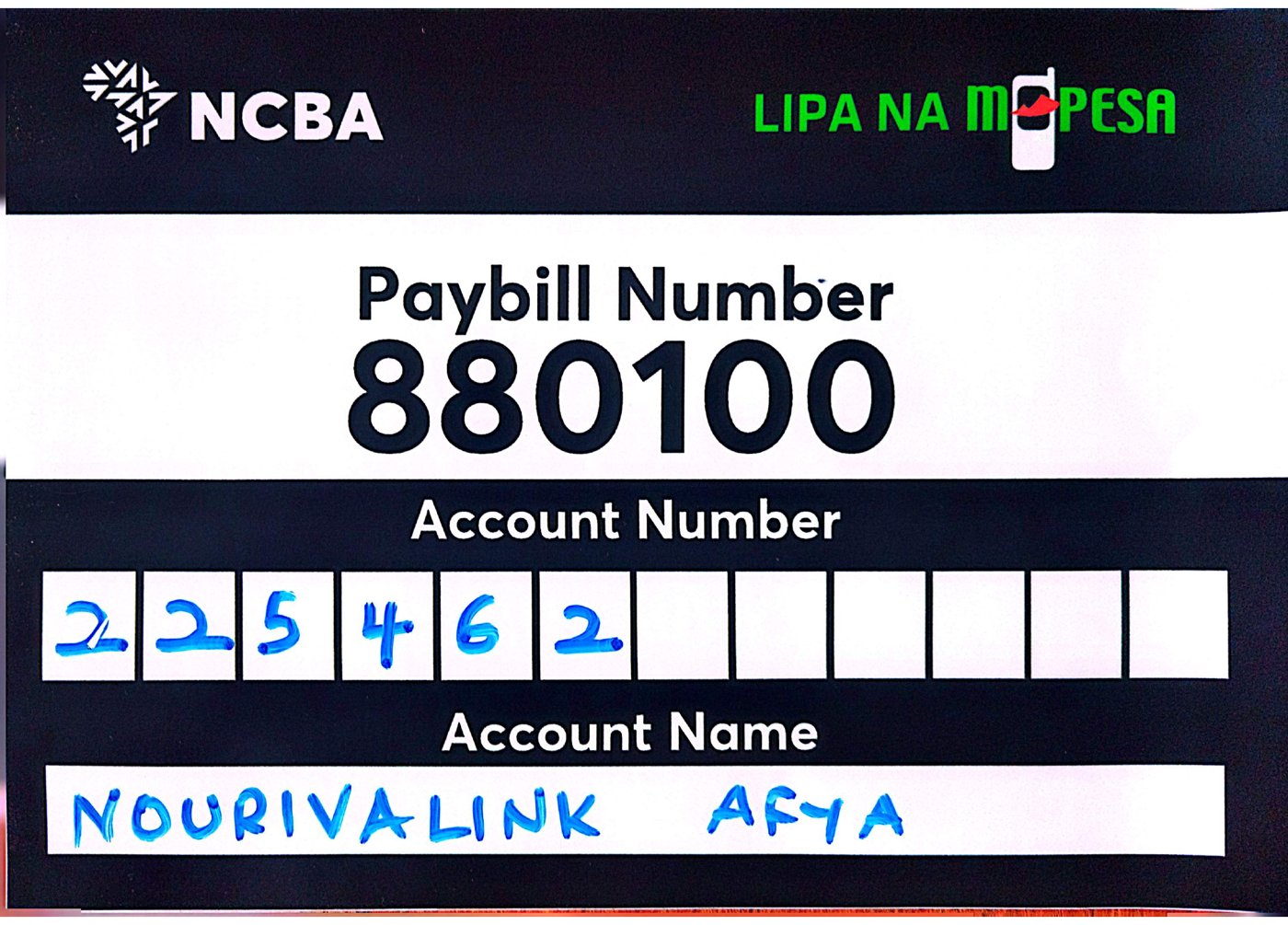 Lipa na M-Pesa Paybill 880100, account number 225462, account name NOURIVALINK AFYA, NCBA